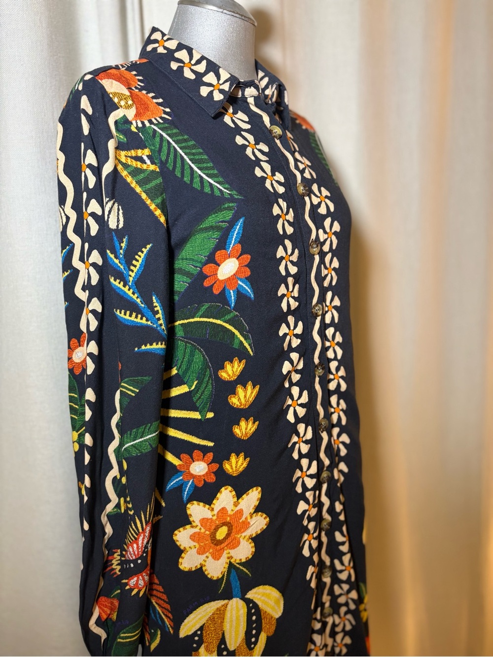 Farm Rio x Anthropologie Embroidered Floral Bird Maxi Shirt Dress 100% Viscose S - Picture 8 of 16